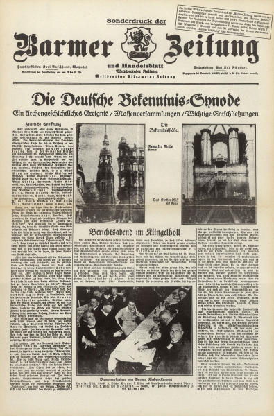 Titelblatt einer Sonderausgabe der Barmer-Zeitung zur Bekenntnissynode, Mai 1934. (Archiv der Evangelischen Kirche im Rheinland/Gemeinfrei)